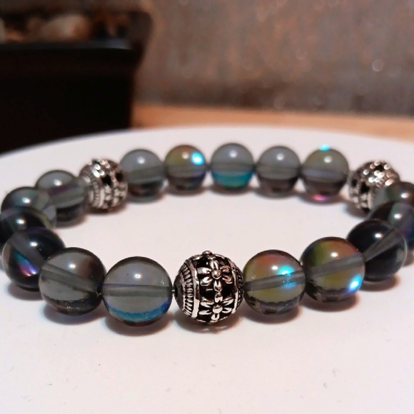 Black Mystic Aura Quartz Beaded StretchvBracelet - Picture 1 of 3